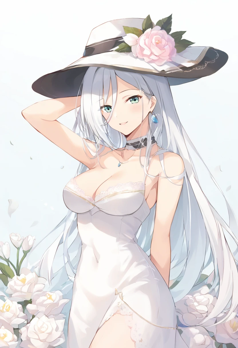 a woman in a white dress and a white hat, concept art by Muqi, trending on pixiv, sots art, official art, made of flowers, enchanting
