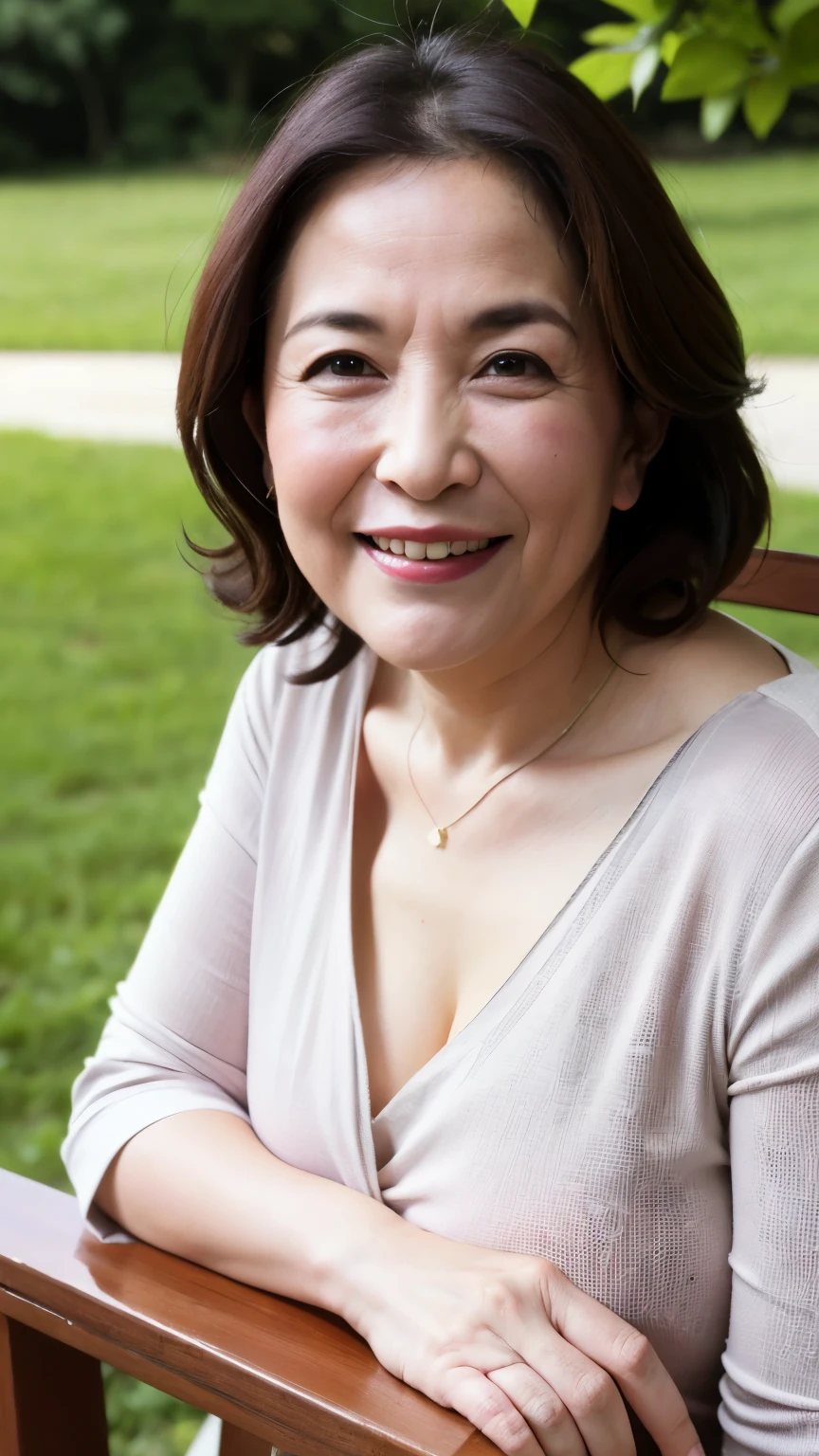 最high quality, In 8K, Masseter region, Genuine, Sharp focus, high quality, High resolution, Detailed face, fine grain, Thick lips, Background Blur, alone, Middle-aged women, , 65 years old, , Wavy Hair, , Wearing a plain short-sleeved knit, sitting on a park bench, Wrinkles around the eyes, Smiling with teeth showing