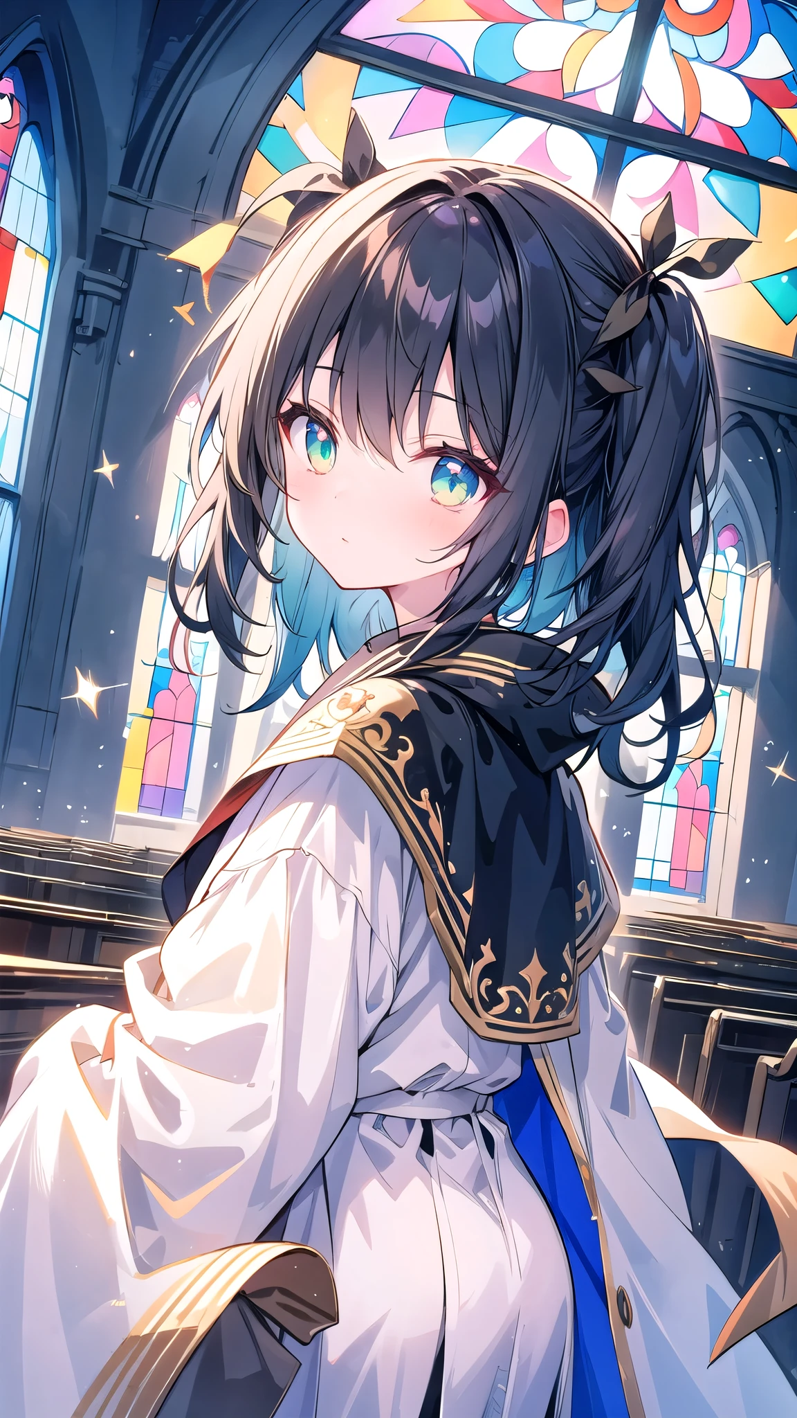 Black Hair Girl, A holy knight in a white robe, (Black and white robes and armor), Emerald Eyes, A church where light shines in, (Stained glass behind:0.9), hair two side up, depth of field, cinematic lighting, sparkle, f/2.8, 35mm, anime, anime style, UHD, high details, best quality, highres, textured skin, 4K