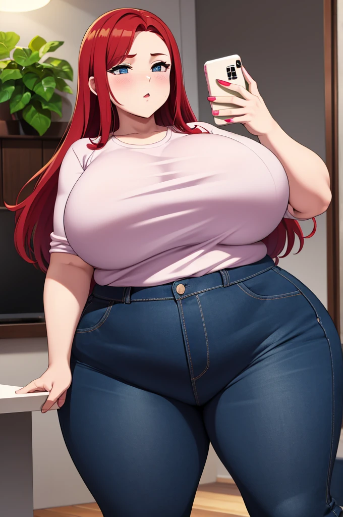 make redhaired ssbbw fat girl at home in too tight clothes she's holding a smartphone