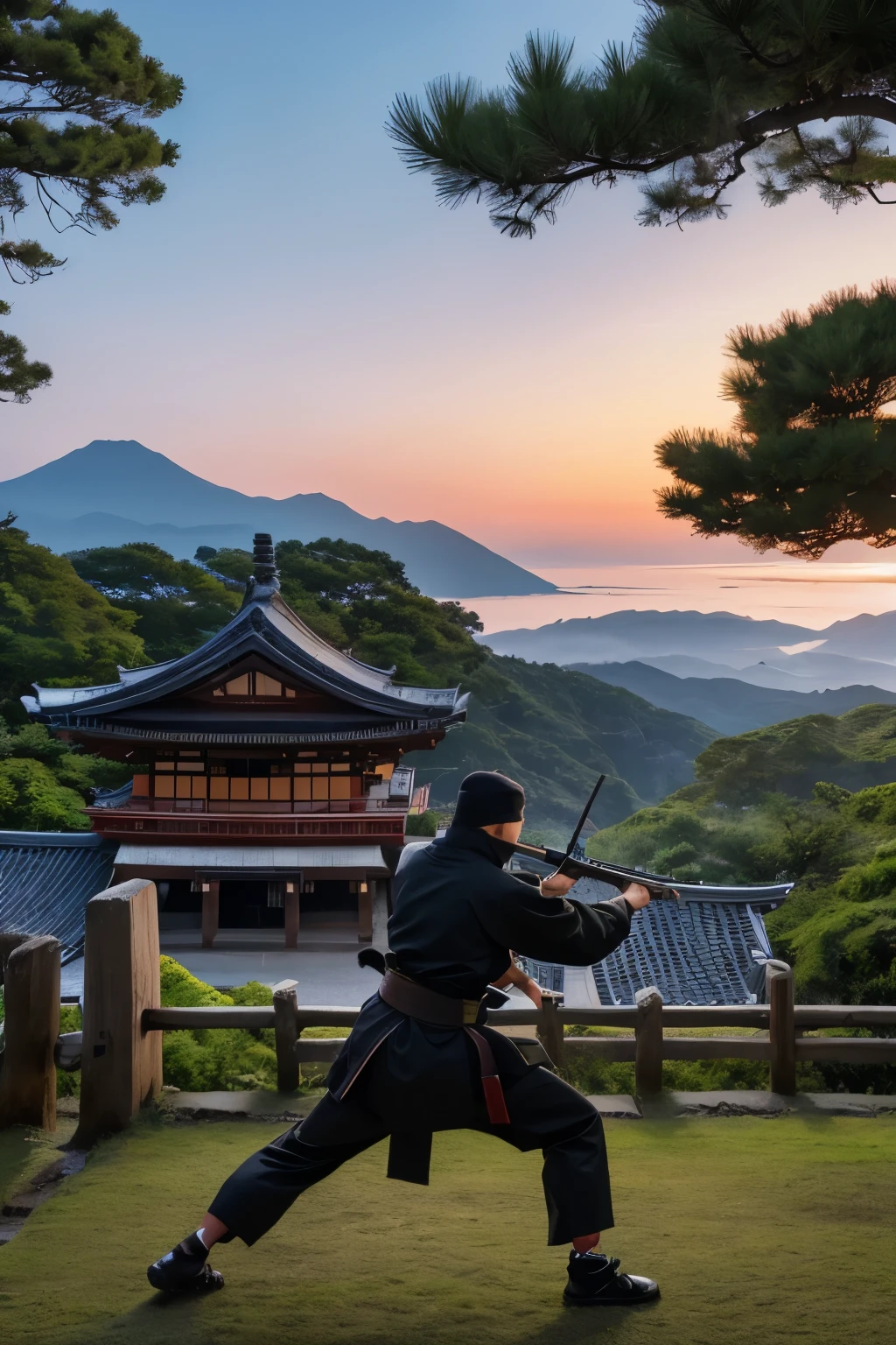 Create a highly detailed illustration of a Negoro-ryu ninja, focusing on the unique aspects and historical background of this school. The ninja should be depicted wearing traditional black attire, including a hood and mask, emphasizing stealth and agility. Equip the ninja with weapons characteristic of the Negoro-ryu, such as a katana (sword), shuriken (throwing stars), and particularly a matchlock gun (tanegashima), reflecting their expertise in firearms.
The scene should capture the ninja in a dynamic action pose, perhaps during a night raid or hiding among the shadows of a dense forest. The background should include elements that evoke the historical setting of the Negoro-ryu, such as the architecture of a traditional Japanese temple or castle, moonlit skies, and ancient trees. Incorporate subtle details that highlight the strategic and military prowess of the Negoro-ryu, such as traps or secret paths.
To emphasize the historical context, include references to the Sengoku period, such as banners with clan emblems, traditional Japanese buildings, and the landscape of the Kii Peninsula. The overall atmosphere should convey a sense of mystery, danger, and the skilled martial arts tradition of the Negoro-ryu.