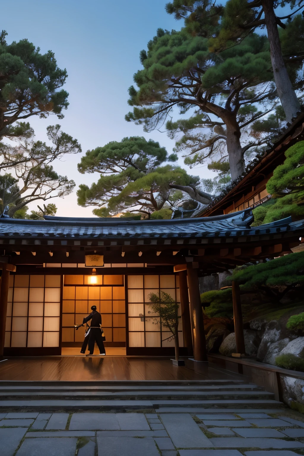 Create a highly detailed illustration of a Negoro-ryu ninja, focusing on the unique aspects and historical background of this school. The ninja should be depicted wearing traditional black attire, including a hood and mask, emphasizing stealth and agility. Equip the ninja with weapons characteristic of the Negoro-ryu, such as a katana (sword), shuriken (throwing stars), and particularly a matchlock gun (tanegashima), reflecting their expertise in firearms.
The scene should capture the ninja in a dynamic action pose, perhaps during a night raid or hiding among the shadows of a dense forest. The background should include elements that evoke the historical setting of the Negoro-ryu, such as the architecture of a traditional Japanese temple or castle, moonlit skies, and ancient trees. Incorporate subtle details that highlight the strategic and military prowess of the Negoro-ryu, such as traps or secret paths.
To emphasize the historical context, include references to the Sengoku period, such as banners with clan emblems, traditional Japanese buildings, and the landscape of the Kii Peninsula. The overall atmosphere should convey a sense of mystery, danger, and the skilled martial arts tradition of the Negoro-ryu.