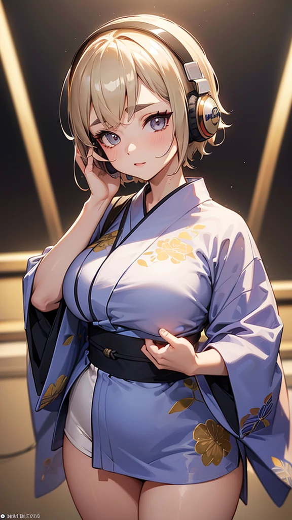 Headphones, red cheeks, detailed details (face, eyes, eyebrows, eyelashes) official art, masterpiece, highest quality, portrait photo of one girl, 16-year-old girl, wearing a yukata, (silver color, metallic, ) 8k, blonde, short hair, high resolution, ( butt:1.2)(headphones:1.2), (excellent rendering, stands out in its class), (great detail, good lighting, wide angle), big breasts (0.6), plump thighs, absolute area, detailed background,