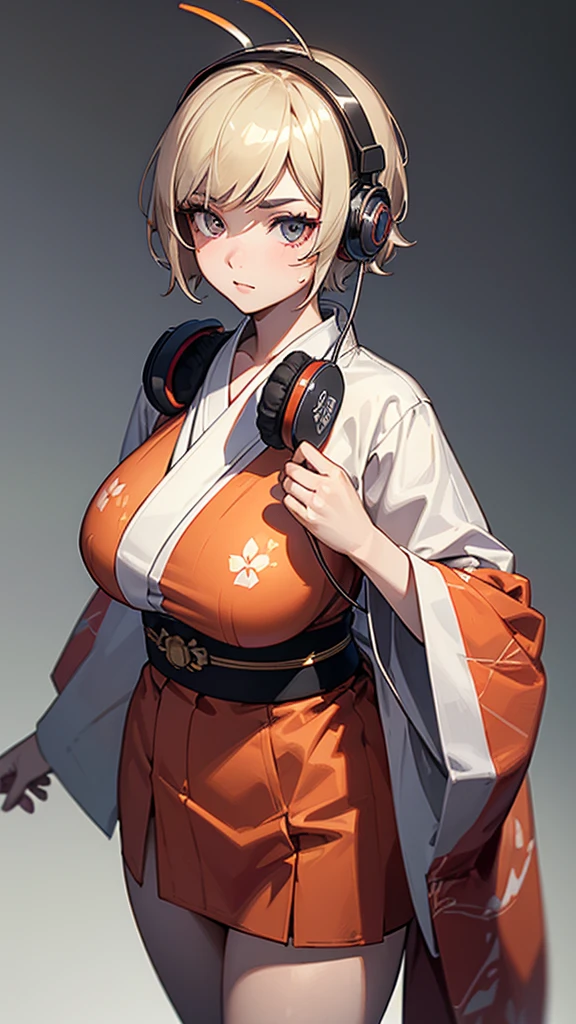 Headphones, red cheeks, detailed details (face, eyes, eyebrows, eyelashes) official art, masterpiece, highest quality, portrait photo of one girl, 16-year-old girl, wearing a yukata, (silver color, metallic, ) 8k, blonde, short hair, high resolution, ( butt:1.2)(headphones:1.2), (excellent rendering, stands out in its class), (great detail, good lighting, wide angle), big breasts (0.6), plump thighs, absolute area, detailed background,