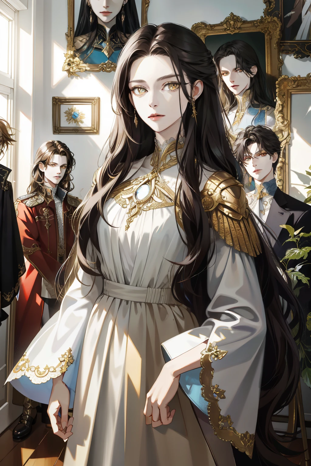 (absurd, high resolution, ultra detailed), When I noticed a painting on the wall.
It was a portrait of my family.
Zephyr stood beside. Valendrya. Her Dark hair and golden eyes highly resembled me.
I stood in front of her With Valsendrake and Icarus standing beside me.
painting