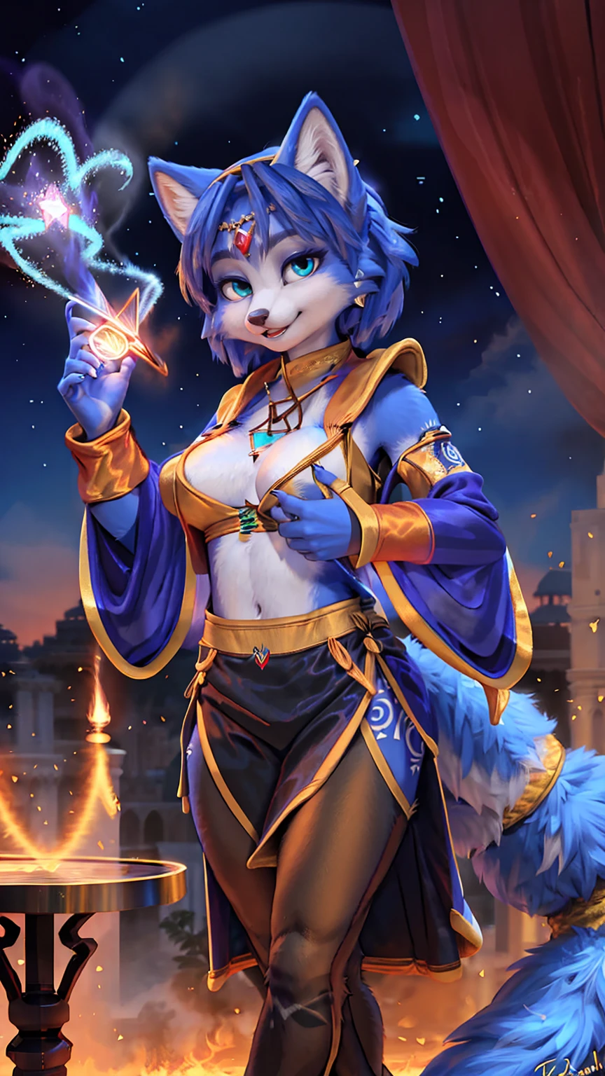 A beautiful and detailed (sweet picture) of ((Krystal)), Star Fox Krystal,  green eyes, medium breasts, (((Long blue hair 1.3))),  anthro, furry, (of Fluff-Kevlar, Bayard Wu, Personalami, Pino Daeni),  detailed fluffy fur, detailed face, (fluffy), 1 girl, alone, hair cover one eye:1.4, big happy smile, giving you a thumbs hoch,  ((((wears a magician&#39;s robe:1.5)))),sfw