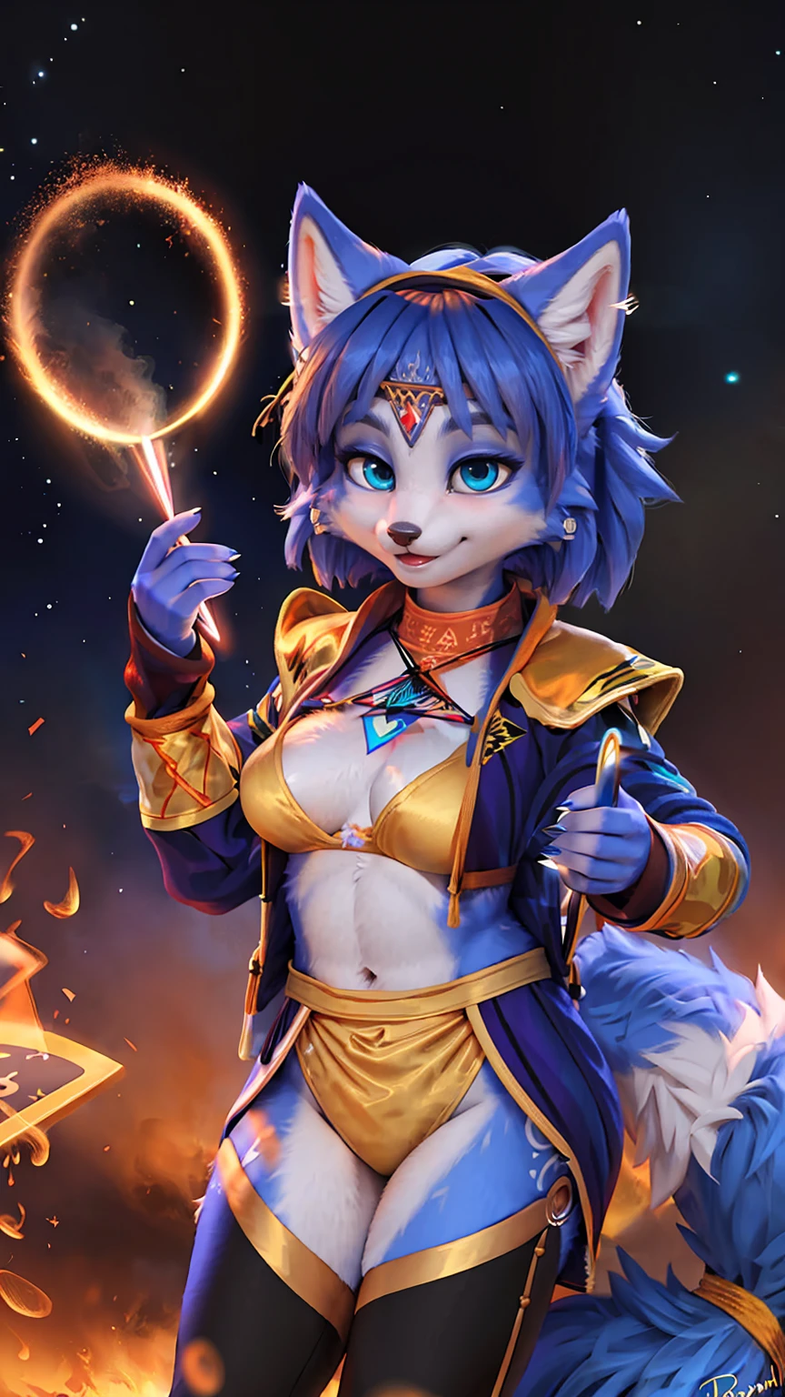 A beautiful and detailed (sweet picture) of ((Krystal)), Star Fox Krystal,  green eyes, medium breasts, (((Long blue hair 1.3))),  anthro, furry, (of Fluff-Kevlar, Bayard Wu, Personalami, Pino Daeni),  detailed fluffy fur, detailed face, (fluffy), 1 girl, alone, hair cover one eye:1.4, big happy smile, giving you a thumbs hoch,  ((((wears a magician&#39;s robe:1.5)))),sfw