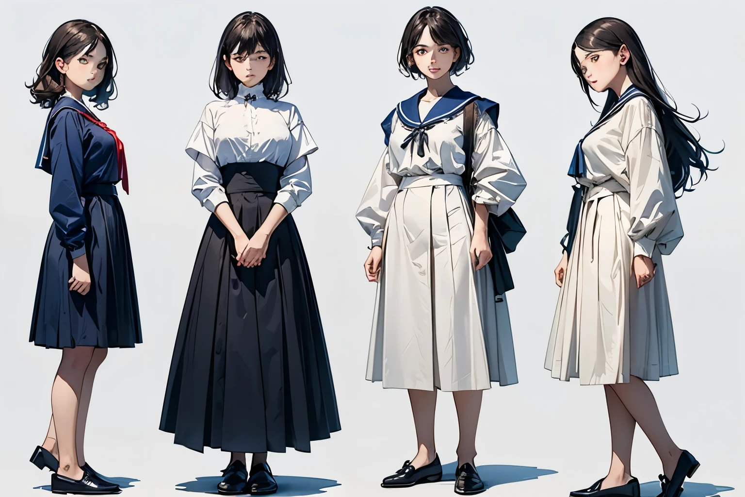 (Perfect Face,Illustration of three women in different clothes)、(3 Girls、With 3 people、natural standing posture)、(Girls standing in line)、( Half-body illustration)、((Character Concept Art))、(Detailed facial depiction、A kind smile)、Short dark brown hair、White Sailor Suit、Navy blue sailor collar、mini skirt、Pleated skirt、shoes、loafers、(Vintage、Classic)、(No logo)、((Watercolor of singer Sargent))、Impressionist style painting、White Background、(Front view:1.4)、(masterpiece, Highest quality:1.2),
