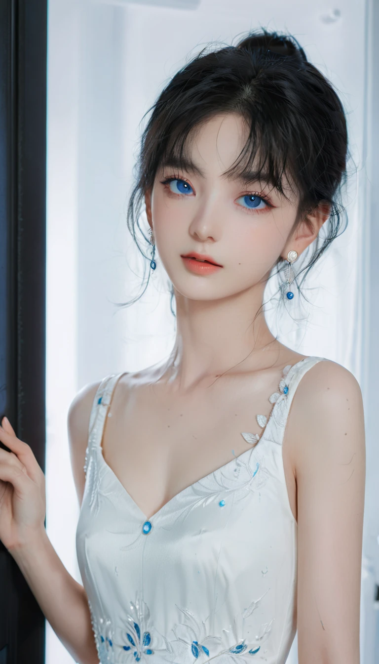 1 female, Black Hair, Blue pupils, Delicate face, Lovely, Love Earrings, White Dress, Standing at the door, Fun, Ultra HD, masterpiece, best quality, Super Detail, precise