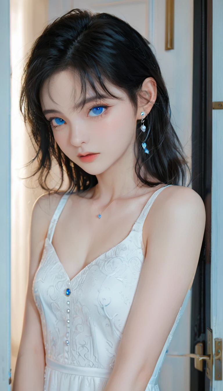 1 female, Black Hair, Blue pupils, Delicate face, Lovely, Love Earrings, White Dress, Standing at the door, Fun, Ultra HD, masterpiece, best quality, Super Detail, precise