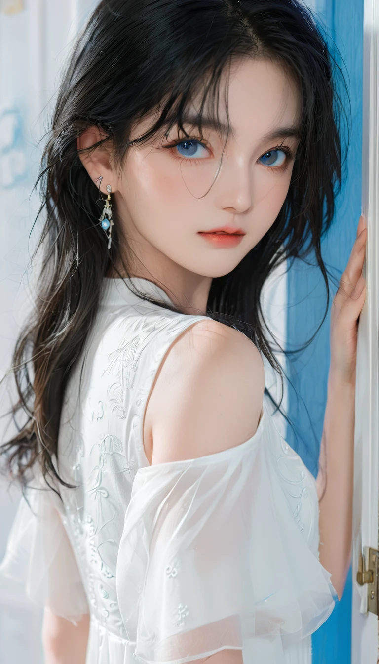 1 female, Black Hair, Blue pupils, Delicate face, Lovely, Love Earrings, White Dress, Standing at the door, Fun, Ultra HD, masterpiece, best quality, Super Detail, precise