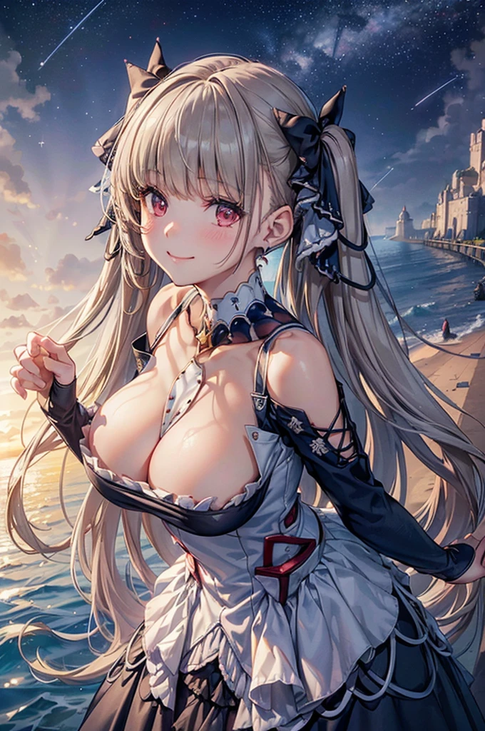 ((dress_default, terrific_default, ornament_waist)):1.5,((独奏, 1girl)) ((masterpiece,Highest quality,Highly detailed images,Beautiful images、Realistic、Dutch Angle)),（Top-down angle image）、 (Bright lighting overall、Backlight、A fantastic atmosphere、Thick Fog、Dust flutters),(Sexy pose、Beautiful cleavage、huge breasts, Place your hands behind your back:1.5、Leaning forward、Charming smile), ((Beautiful starry sky、shooting star、Ocean))、Black sleeves、Emphasize the chest、Looking up、Hands behind the body、Leaning forwardに
