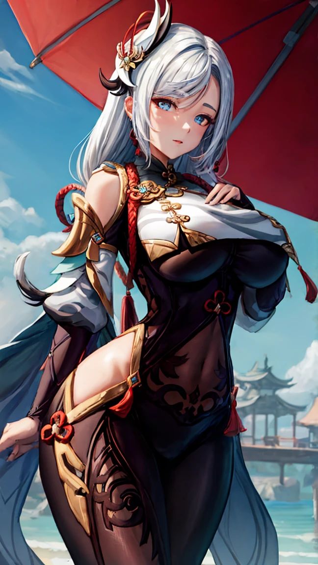 Masterpiece, high quality, shenhe \(genshin impact\), genshin impact, big breasts, busty, sexy, wide hips, white hair, blue eyes, hair ornament, breast curtains, bodystocking, hip vent, outdoor,