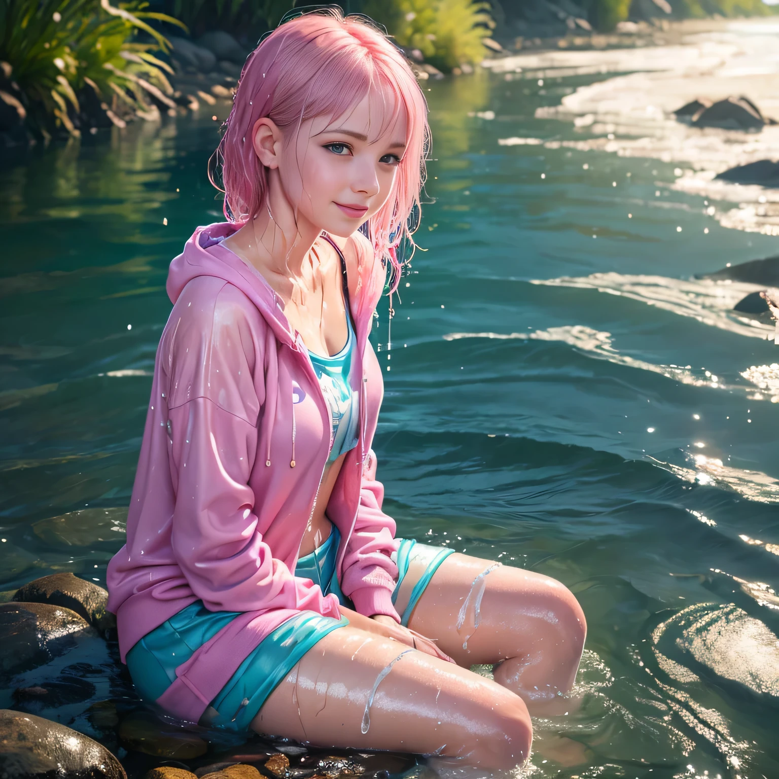 29 yo woman sitting in the water, pink hair, layered clothing, pink hoodie, long blue sweatpants, bright clothes, glistening wet, closeup fantasy with water magic, beautiful maiden, slim body, chilly, cold water pond, sunlight, smile, wearing clothes made of water, realistic oil painting, dripping wet, in water up to her shoulders, winter clothes, beautiful realistic photo, nymph in the water, hyperrealist portrait in a river, hyperrealistic fantasy photo, splashing, realistic fantasy painting, cute shot, narrow depth of field, 8k, ((drenched)), ((soaked)), ((dripping water)), ((goosebumps)), cool, muted tones, bare horizons, dripping oil, heavy clothes, soaked in oil, wet all over, wet dripping hair, varied poses, wet hair, jenya.d