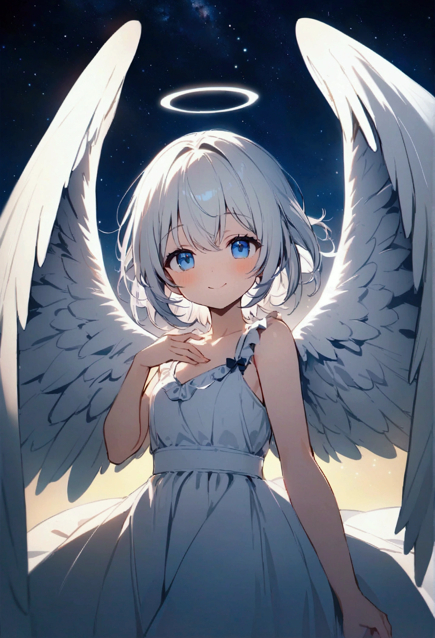 Angel Wings,One Girl,cute,Big white wings,White Dress,fly in the sky,smile,Beautiful starry sky,high quality,High resolution,high quality,Long white hair,blue eyes,Illuminated by moonlight