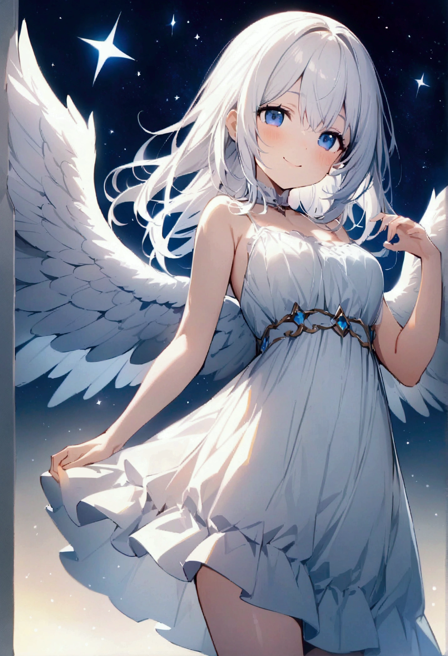 Angel Wings,One Girl,cute,Big white wings,White Dress,fly in the sky,smile,Beautiful starry sky,high quality,High resolution,high quality,Long white hair,blue eyes,Illuminated by moonlight