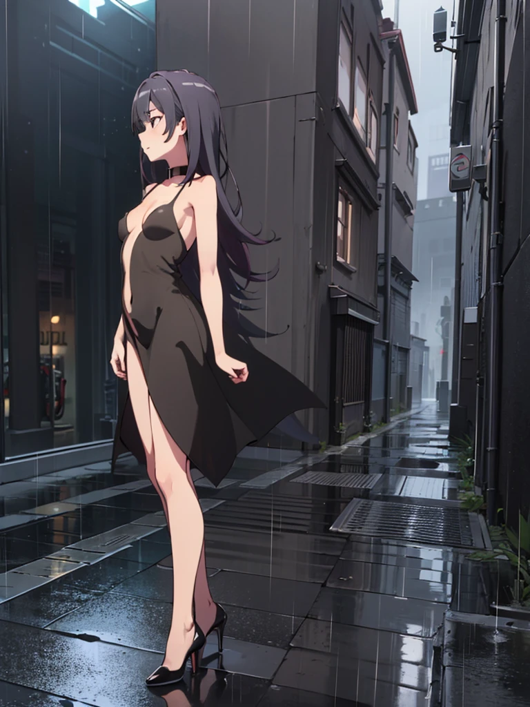 Girl, black short tight dress , Bare breasts, chest visible, street  background, Narrow passage between houses, night, rain, slim body, In full growth, Stiletto Shoes , small breast