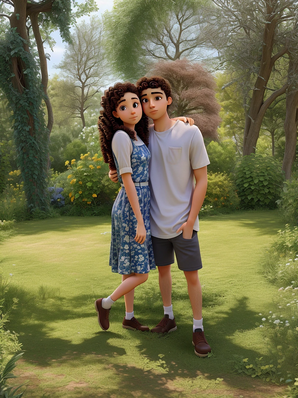 young woman with curly hair and young man with short hair both hugging each other looking at the photo, in a garden
