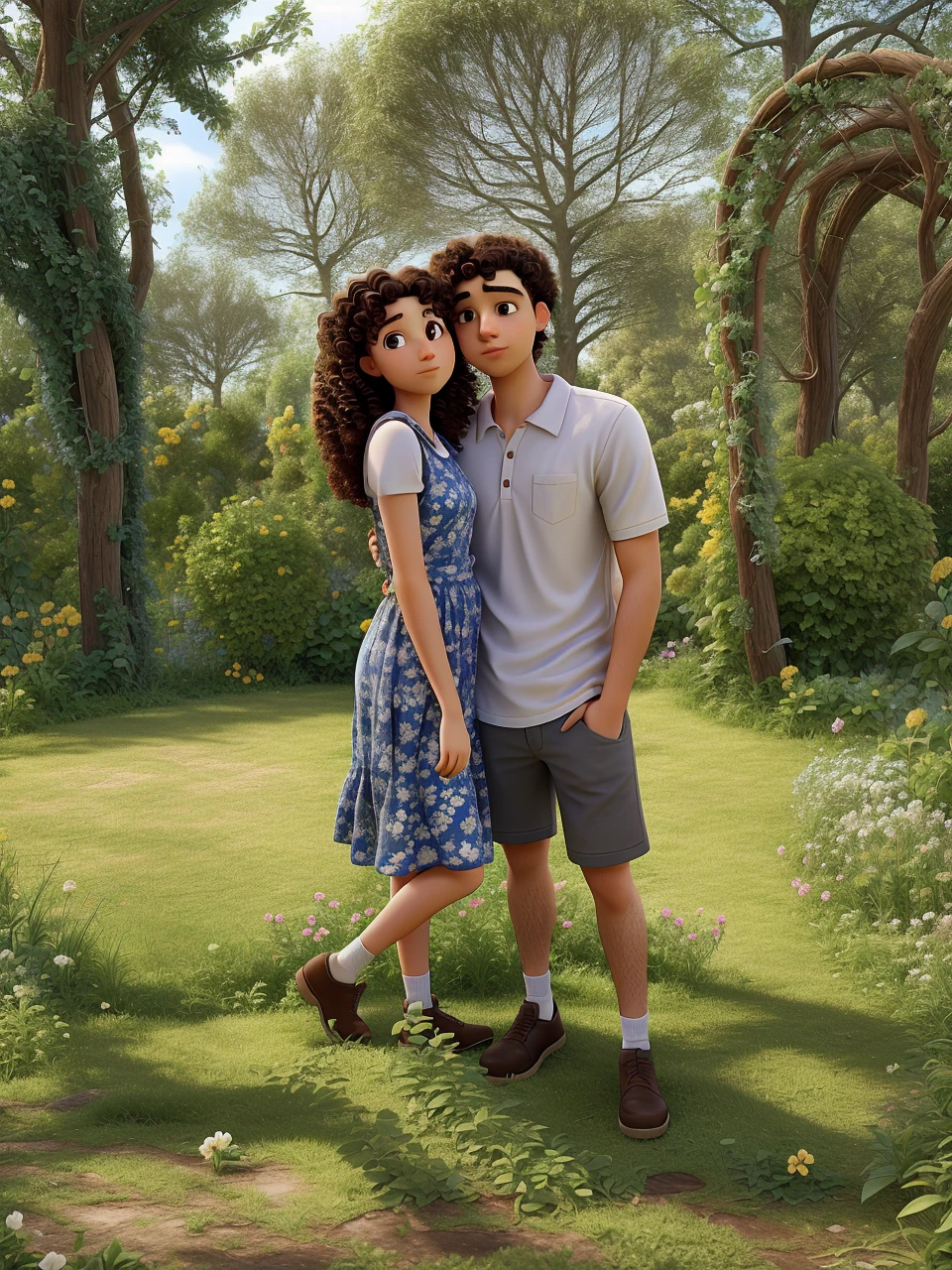 young woman with curly hair and young man with short hair both hugging each other looking at the photo, in a garden