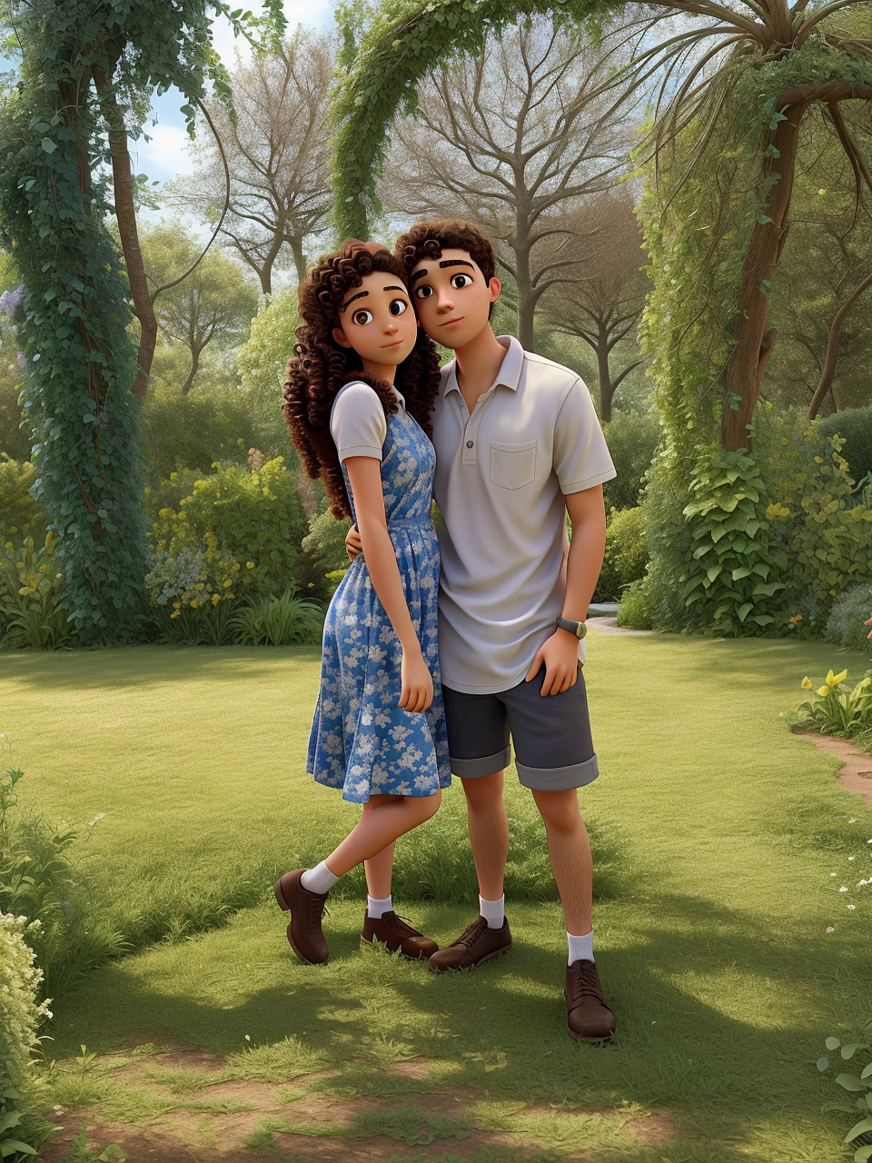 young woman with curly hair and young man with short hair both hugging each other looking at the photo, in a garden