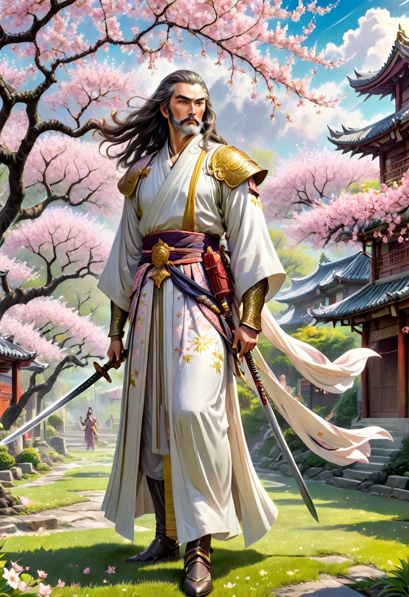 A noble and imposing ancient knight，Dressed in flowing robes，Wear a long sword at the waist，Sword-like eyebrows and star-like eyes，Stern face，High strands of hair，Healthy old man，Wiping my old weapons in the yard，A beautiful and gentle，Dressed in silk and satin，Cloud sideburns high，With exquisite hair accessories，Willow eyebrows and apricot eyes，Cherry Blossom，Doing chores in the yard