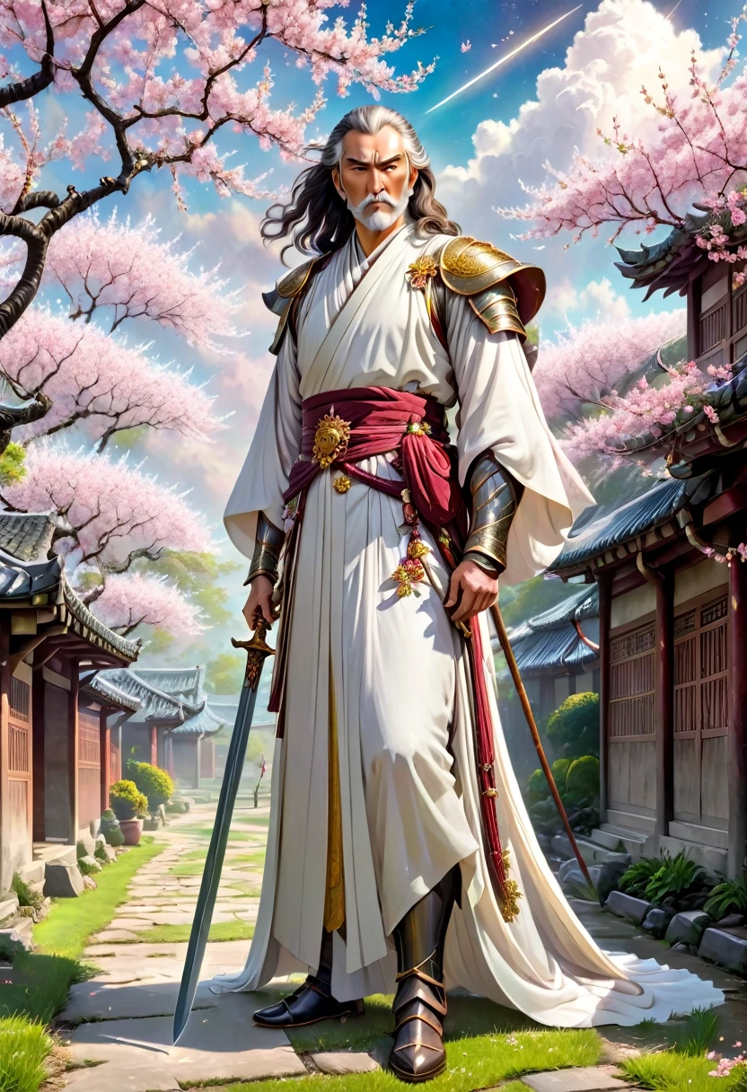 A noble and imposing ancient knight,Dressed in flowing robes,Wear a long sword at the waist,Sword-like eyebrows and star-like eyes,Stern face,High strands of hair,Healthy old man,Wiping my old weapons in the yard,A beautiful and gentle,Dressed in silk and satin,Cloud sideburns high,With exquisite hair accessories,Willow eyebrows and apricot eyes,Cherry Blossom,Doing chores in the yard