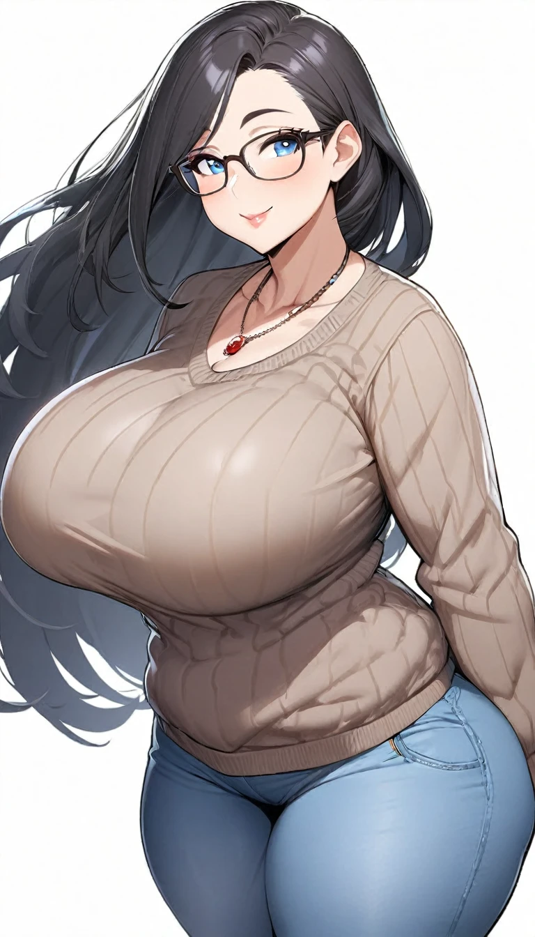 1girl,solo,Mature Woman,Black Hair,long hair,blue eyes color,Glasses,mother,gentle,kind face,Super huge breasts,Flabby thighs,Black knit with vertical lines accentuating the lines of the body,jeans that accentuate the body's curves,necklace,standing up,Looking at this,Inclusive,White background,