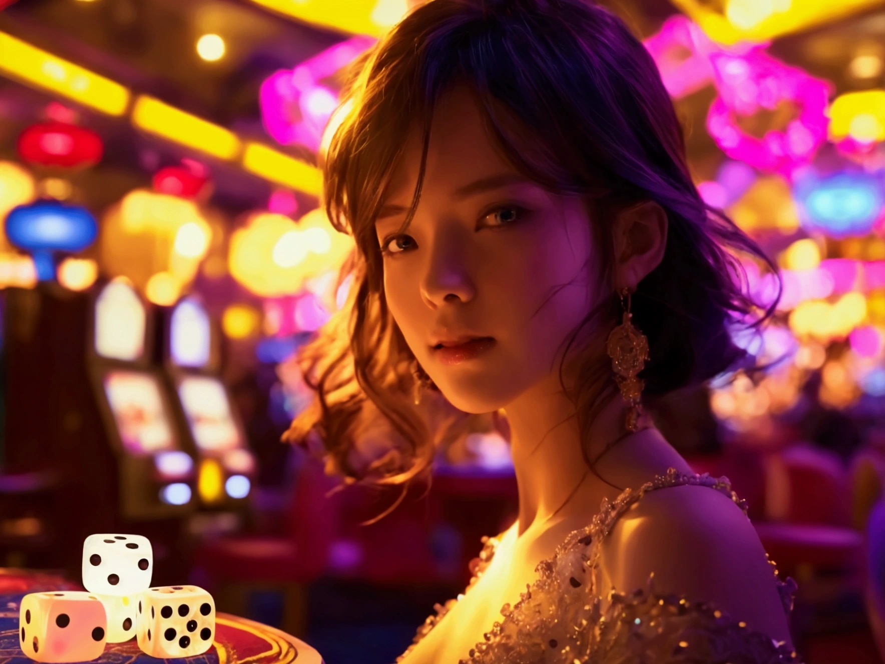 girl at a dice machine in casino, 3 large white dices floating in a glass cylinder, neon lights, vibrant colorful casino atmosphere, photorealistic, detailed, medium shot