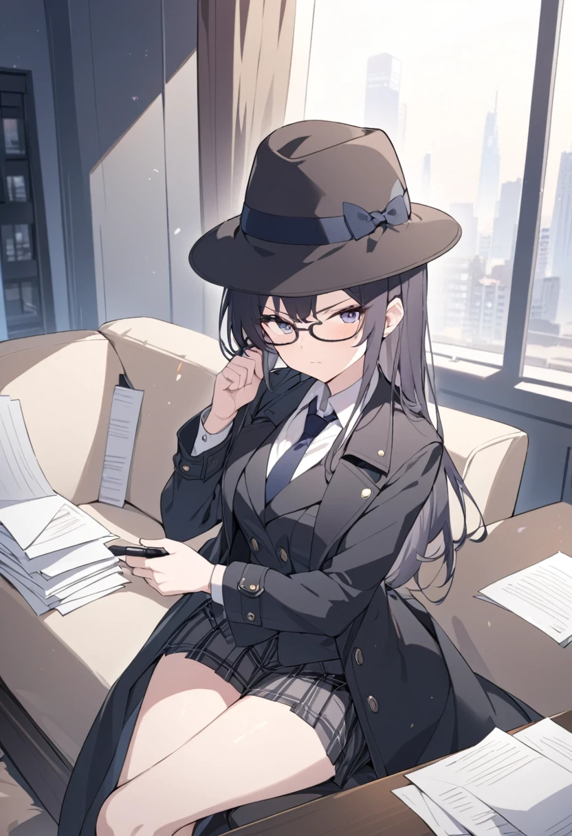 Detective girl, anime, masterpiece, best quality, 1 girl ( black trench coat, suit, skirt, fedora, glasses, cross-legged, sitting on sofa, necktie, right hand hold magnifier:1.2, left hand on sofa), ( table, papers on table ), window, ofice background, bokeh:1.1, serious, NEGATIVE_HAND,NEGATIVE_HAND-NEG