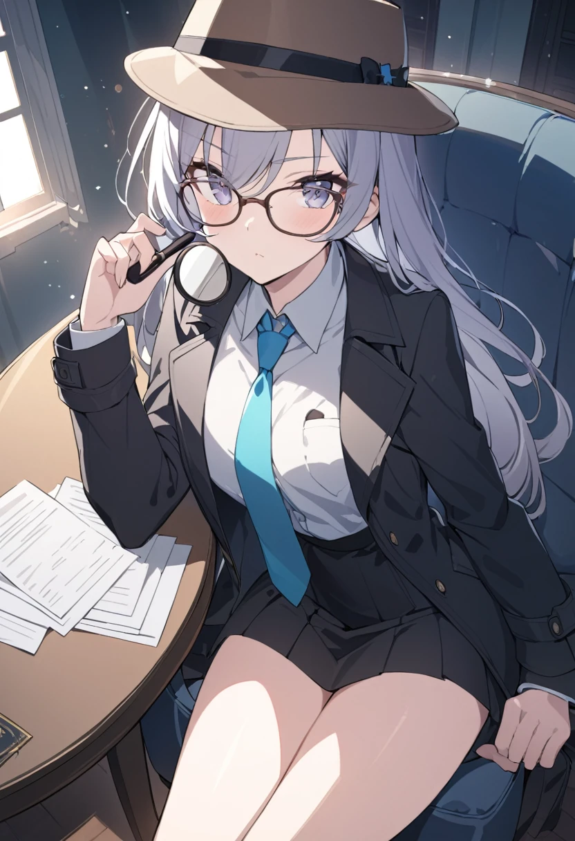Detective girl, anime, masterpiece, best quality, 1 girl ( black trench coat, suit, skirt, fedora, glasses, cross-legged, sitting on sofa, necktie, right hand hold magnifier:1.2, left hand on sofa), ( table, papers on table ), window, ofice background, bokeh:1.1, serious, NEGATIVE_HAND,NEGATIVE_HAND-NEG