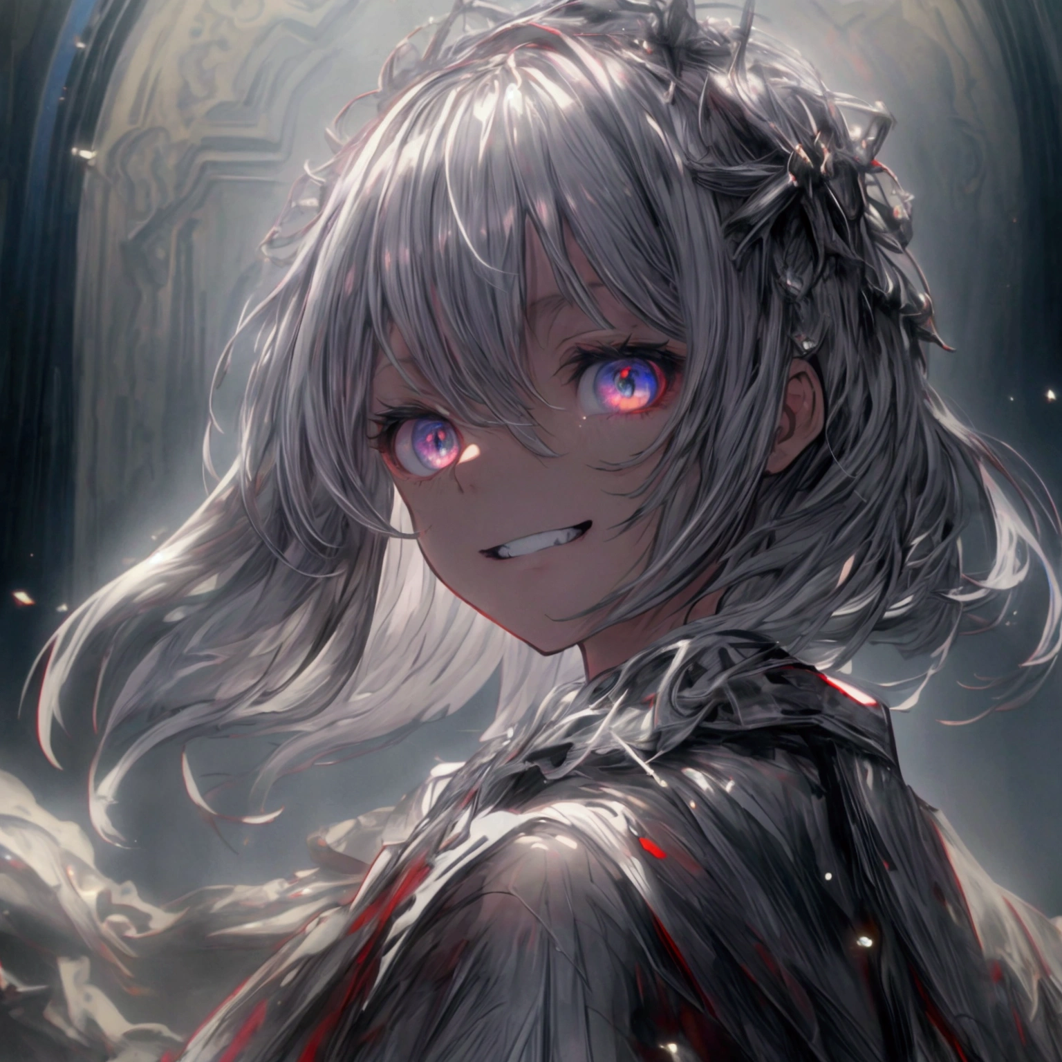 (8K, RAW Photos, Highest quality, masterpiece: 1.4), Ultra-high resolution, Very detailed, Light, Upper body close-up, One girl, White eyes, (Eyes of Terror, Shining eyes:1.2), Portrait of the Exorcist, Desolate house, Scared,direful,dark, High Quality Shadows, Natural light, (White highLights:1.2), night, cloudy day, (at home:1.2), (floating:1.2),moody, special effects, light particles, chromatic aberration, shallow depth of field, film, filmic, casting shadow, dark, grin, dynamic pose