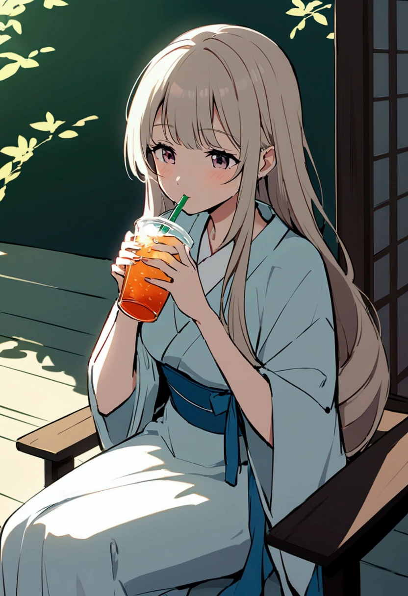 A beautiful Japanese woman in an anime style, not traditional Japanese style, enjoying a refreshing iced tea. She is sitting in a cozy and modern setting, with soft sunlight streaming in. The scene is serene and captures the essence of a cool, relaxing summer day. Her long hair flows gently, and her expression is calm and content as she sips the iced tea. The background should include subtle details that enhance the modern and refreshing atmosphere, with a touch of elegance and tranquility.