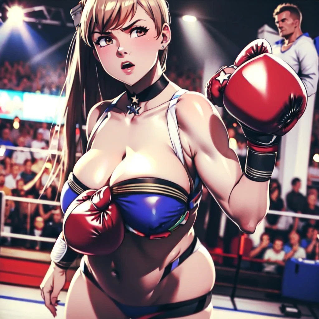 Wear boxing groves , So huge breasts.