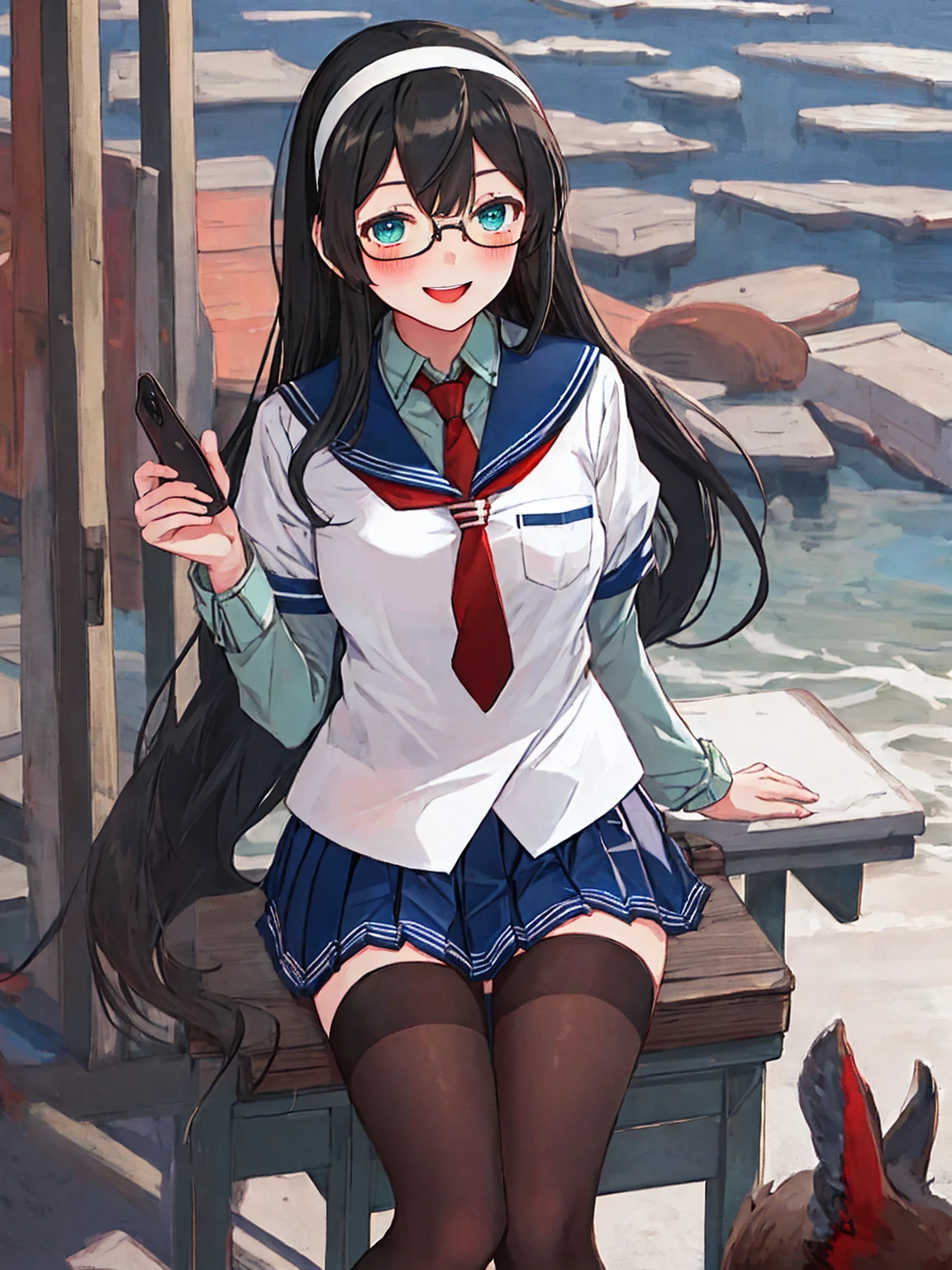 best quality, masterpiece, highres, solo, {ooyodo_kantaicollection:1.15}, black_hair, long_hair, glasses, hairband, semi-rimless_eyewear, under-rim_eyewear, blue_eyes, green_eyes, blush,small_breasts, 1girl, school_uniform, serafuku, pleats_skirt, looking_at_viewer, necktie, harbor_town_background, red_necktie,(angry:0.7),smile,Proudly,thigh-highs,sitting,open_mouth,,selfie