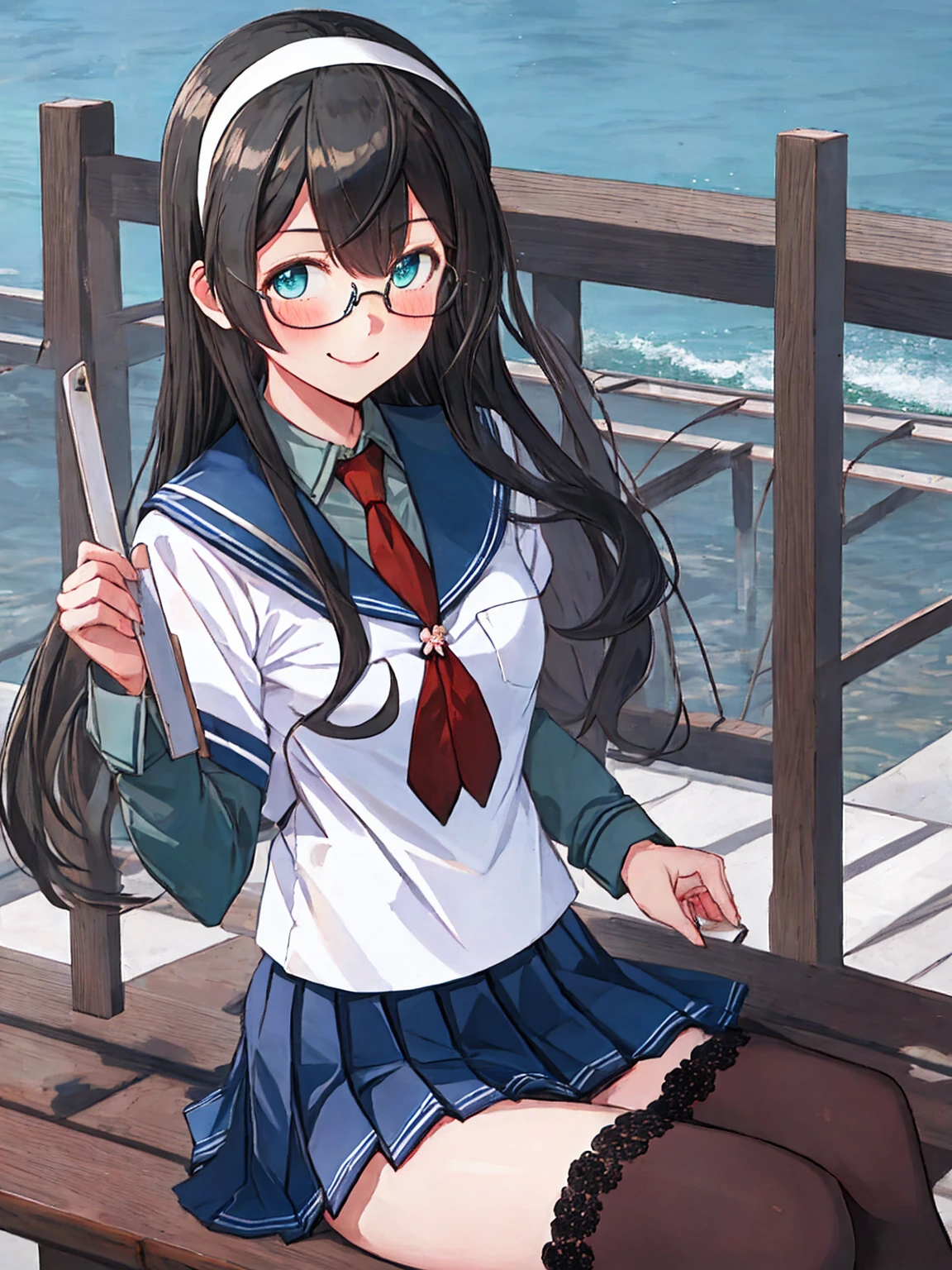 best quality, masterpiece, highres, solo, {ooyodo_kantaicollection:1.15}, black_hair, long_hair, glasses, hairband, semi-rimless_eyewear, under-rim_eyewear, blue_eyes, green_eyes, blush,small_breasts, 1girl, school_uniform, serafuku, pleats_skirt, looking_at_viewer, necktie, harbor_town_background, red_necktie,(angry:0.7),smile,Proudly,thigh-highs,sitting,open_mouth,,selfie