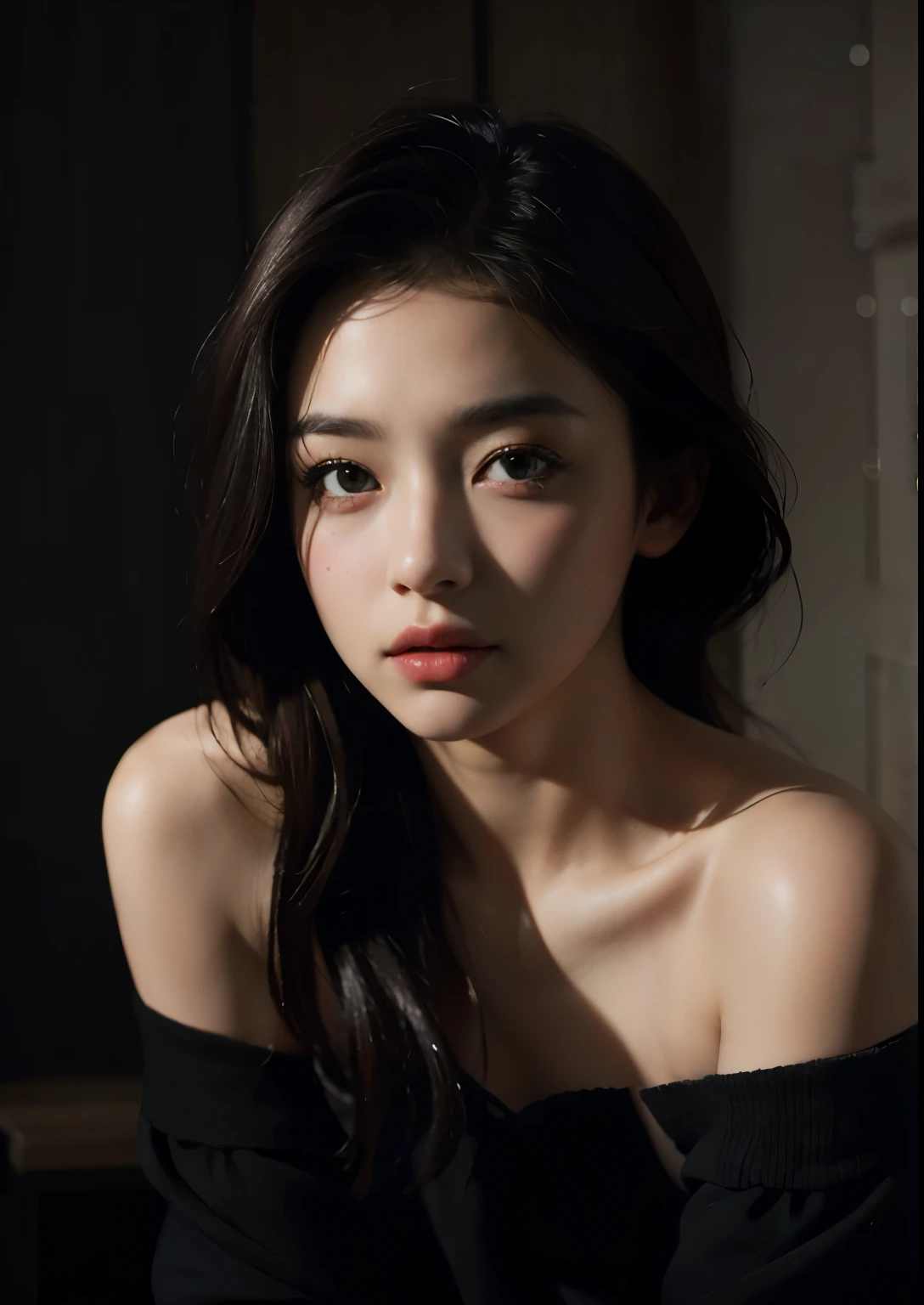 Best quality, masterpiece, ultra high res, (photorealistic:1.4), raw photo, 1girl, offshoulder, in the dark, deep shadow, low key, cold light