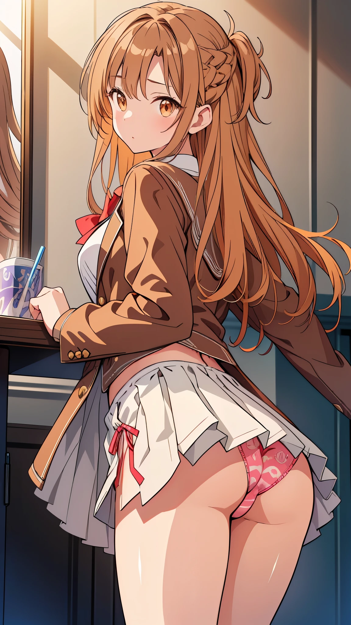 Close-up of a person wearing a short skirt and large boots,Brown Hair、(Degree of brown eyes:1.5)、One side up、ヘアribbon、ribbon、length、Throw off your blazer、Blue Skirt、Jacket、Pleated skirt、、Summer clothes、break (masterpiece:1.2)、Highest quality、High resolution、unity 8k wallpaper、(Consciousness upward:0.8)、(Beautiful and detailed:1.6)、Highly detailed face、Perfect lighting、Highly detailed CG、 (Perfect hands、Perfect Anatomy)、Look at the viewers、blush、Laughter、take a selfie in front of the mirror、Stand in front of a mirror、Pull up your skirt with your hands、 (Mr..々Patterned panties:1.3)、(Roll-up skirt:1.3)、(Full-fledged panties:1.5),(Show me your ass:1.3)