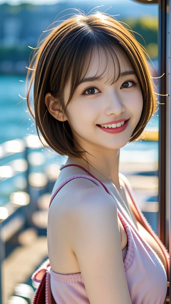 8K、best image quality、smile、masterpiece、buzzer、short hair、fine eyes、big breasts、A refreshing smile、Female college student、Dimples、Camisole showing both shoulders、Clear system、attending university、Ruck sack、Bright red clothes、Seaside scenery