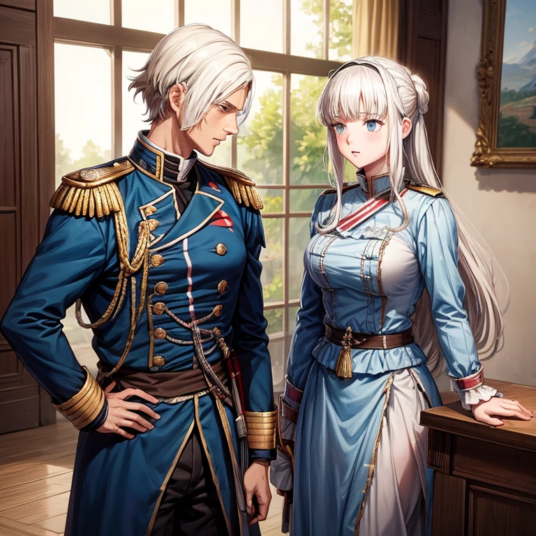 ((Anime girl)) ((High quality)) ((Napoleonic war)) ((French soldier)) ((old guard)) old guard woman Talking with the guard girl