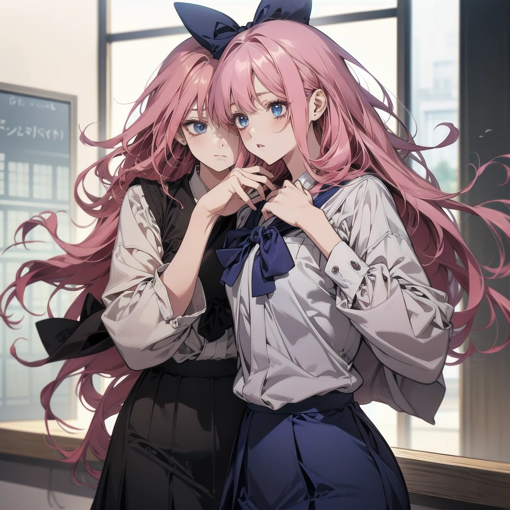 Nodoka Haramura, Handed over by Haramura, blue eyes, hair bow, Long Hair, Pink Hair, bow, break blue skirt, Kiyosumi Girls' High , pleated skirt, , Seraphim, skirt, break looking at viewer, break indoors, classroom, break (masterpiece:1.2), Highest quality, High resolution, unity 8k wallpaper, (figure:0.8), (Beautiful attention to detail:1.6), Highly detailed face, Perfect lighting, Highly detailed CG, (Perfect hands, Perfect Anatomy),Captivating smile,Huge breasts、Revealing clothing
