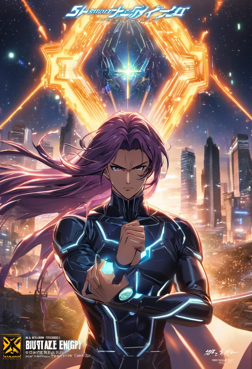 detailed plain book cover with title/subtitle/author names, The cover showcases a futuristic cityscape of AstroNexus with towering buildings and neon lights under a starry night sky. In the center, Xavier Blaise stands in a ready-to-fight pose, his face showing determination and courage, with his hair flowing and dressed in futuristic attire. Surrounding his hand, fiery star energy from his martial spirit, Blazing Starfire, flickers vividly, adding a dynamic and powerful visual effect. Silhouettes of friends and allies appear in the background, along with a small Imperial emblem to hint at the world's setting. The main visual elements are centered, creating a balanced composition., --v 6 --stylize 100 --ar 10:16 --seed 1027612882