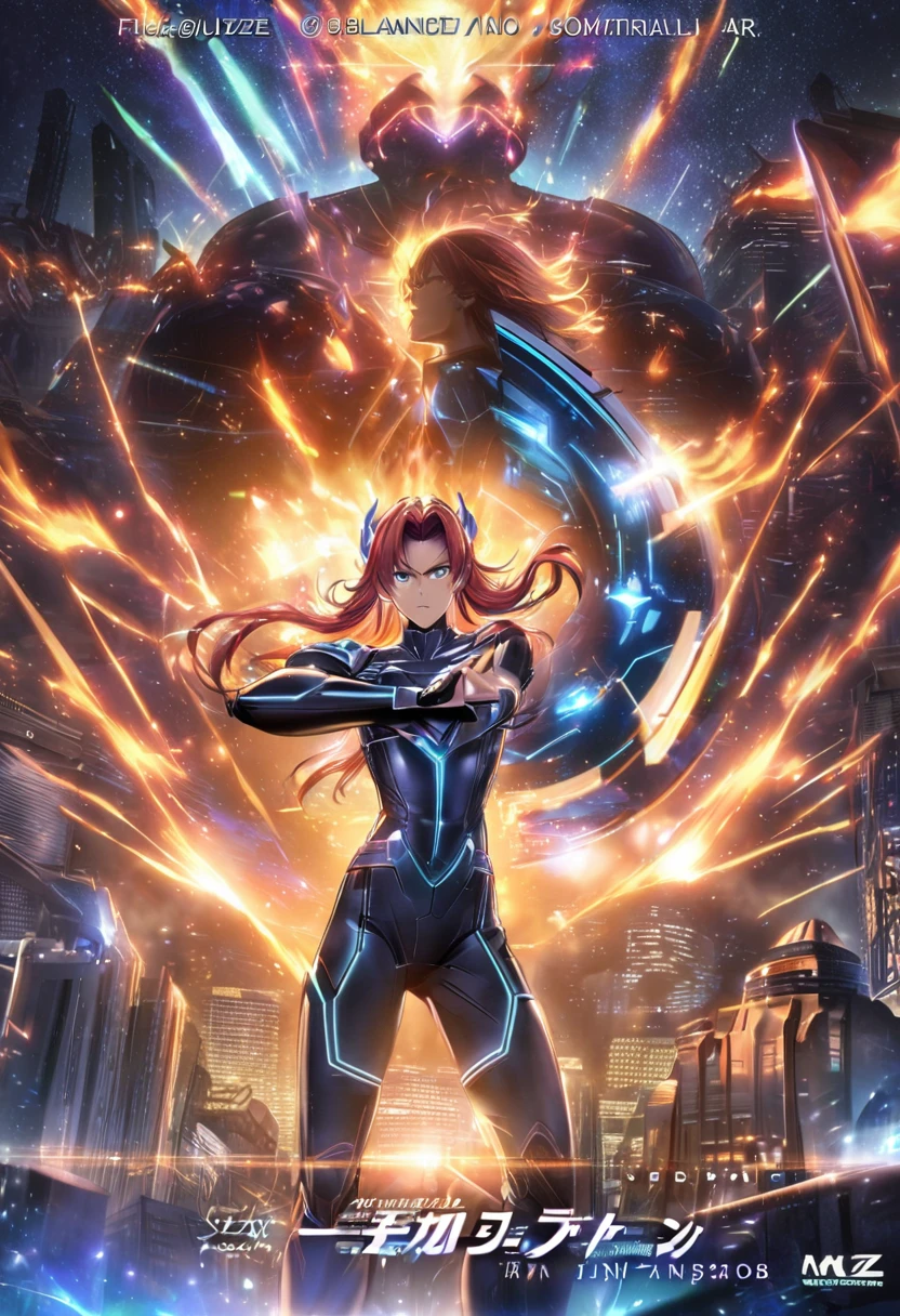 detailed plain book cover with title/subtitle/author names, The cover showcases a futuristic cityscape of AstroNexus with towering buildings and neon lights under a starry night sky. In the center, Xavier Blaise stands in a ready-to-fight pose, his face showing determination and courage, with his hair flowing and dressed in futuristic attire. Surrounding his hand, fiery star energy from his martial spirit, Blazing Starfire, flickers vividly, adding a dynamic and powerful visual effect. Silhouettes of friends and allies appear in the background, along with a small Imperial emblem to hint at the world's setting. The main visual elements are centered, creating a balanced composition., --v 6 --stylize 100 --ar 10:16 --seed 1027612882