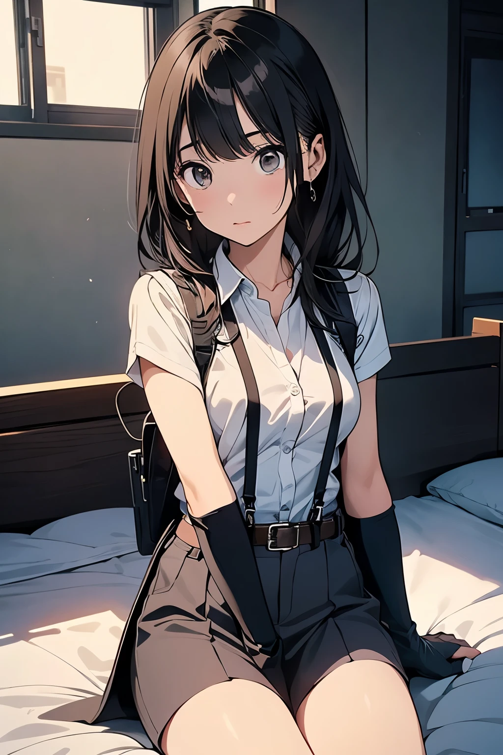 1 female, , high quality, masterpiece, Ultra-high resolution, , Cinema Lighting, , , And the suspenders with the cranes flying　　　Moderate breasts　 　 　　　　Small face　 　　　holster　　　　　　　 Lying in bed　Looking up　　　　Sweat 　　　belt　summer　脇Sweat 　Black Hole Gloves　suit　shirt　　Black jacket　 Black trousers　Leg Links　ズボンにbelt　　holster　 　　Hands behind your back　 Anxious expression　Looking up　Anxious face, legs apart　