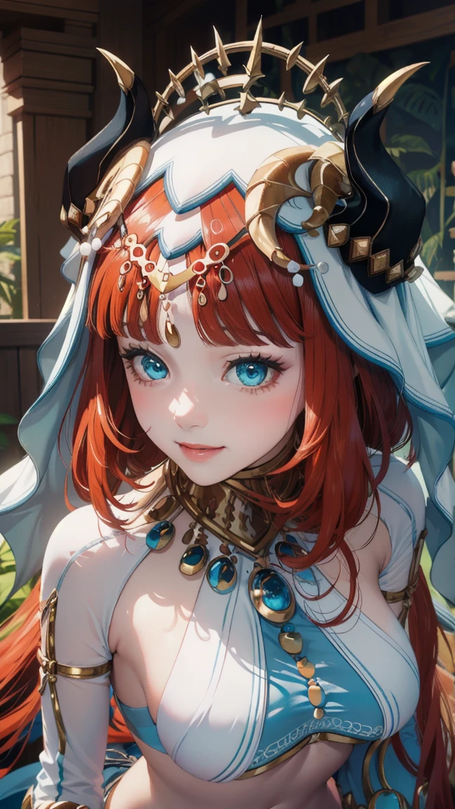 ((Masterpiece)),(Best Quality),((ultra-detailed)), (beautiful detailed face), depth of field,detailed,((beautiful detailed eyes)), big breasts, niloudef, portrait 3:4, belly dance pose, sensual, seductive. Theater stage background. smiling.