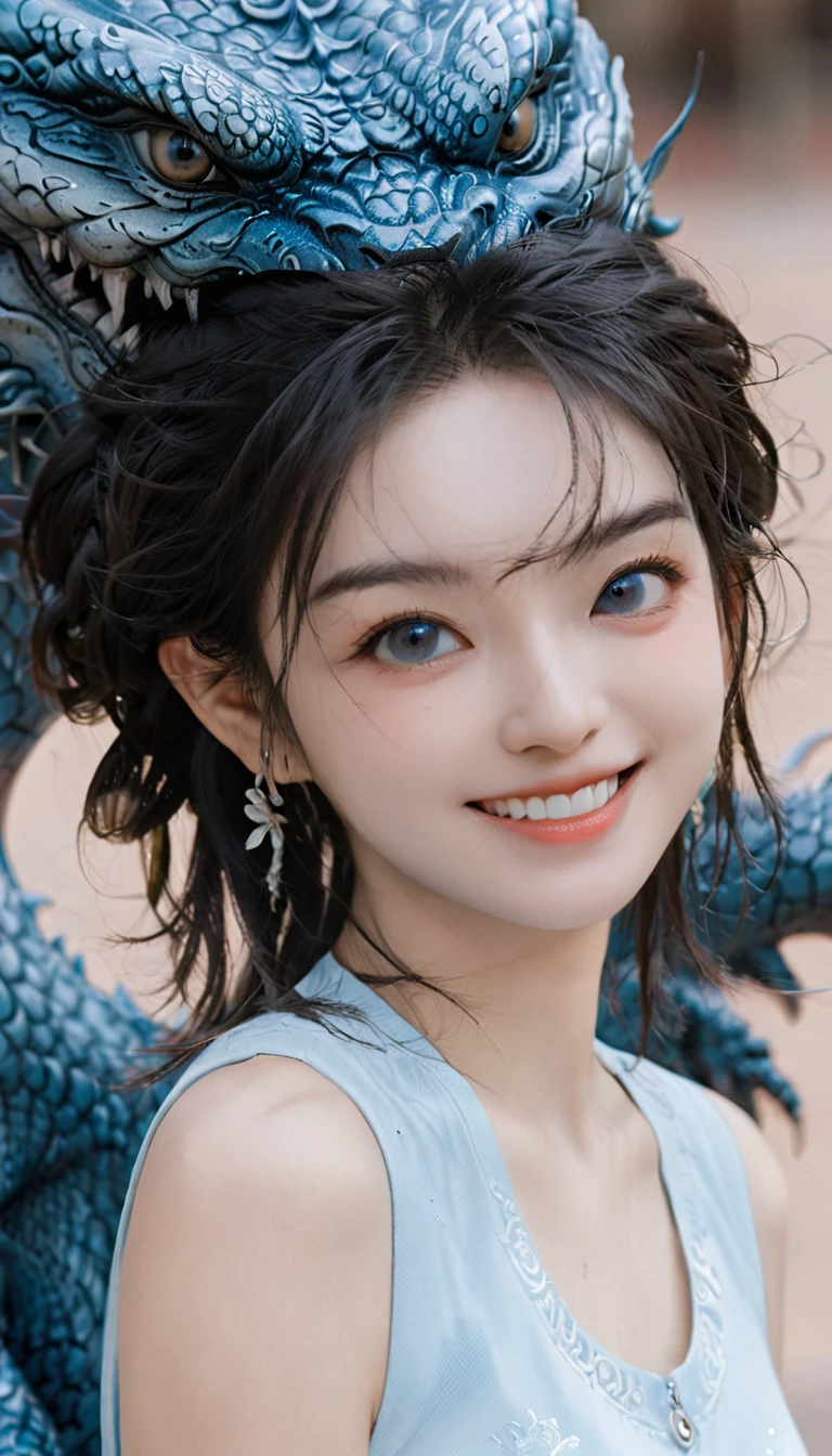 ((best quality, 8K, masterpiece: 1.3)), ((1 Girl:1.5)), Slim belly beauty: 1.3, Casual Hairstyle, (Blue Dragon Group: 1.5), Very delicate face, Exquisite eyes, Double eyelids, Smile, (Showing tiger teeth: 1.2), Dance