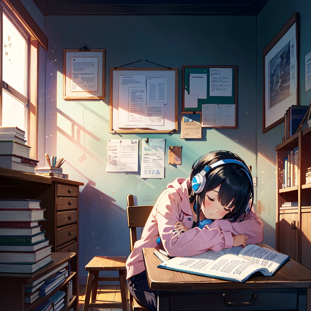 Masterpiece, highest quality, high resolution background, bright and beautiful atmosphere, 3 girls (2 , 1 short-tempered round face), 1  (hair, surface effects), small breasts, own room, study desk, A girl sleeping face down on her desk. Textbooks and notebooks she is studying are scattered on the desk. A girl sitting on a chair. She is wearing pajamas. She is wearing headphones. "deltamon_sdXL :0.73) >Deltamon"