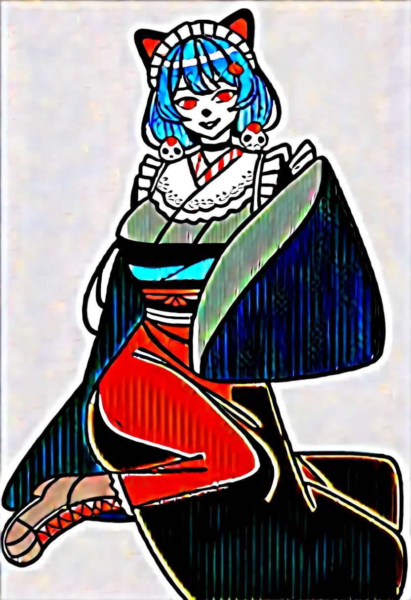 it1, flower, twintails, low twintails, very long hair, dog girl、
choker, maid headdress, black kimono, wide sleeves, frills, obi, white apron, sleeves past wrists, skirt, red skirt, brown footwear, cross-laced footwear、Huge breasts、smirk