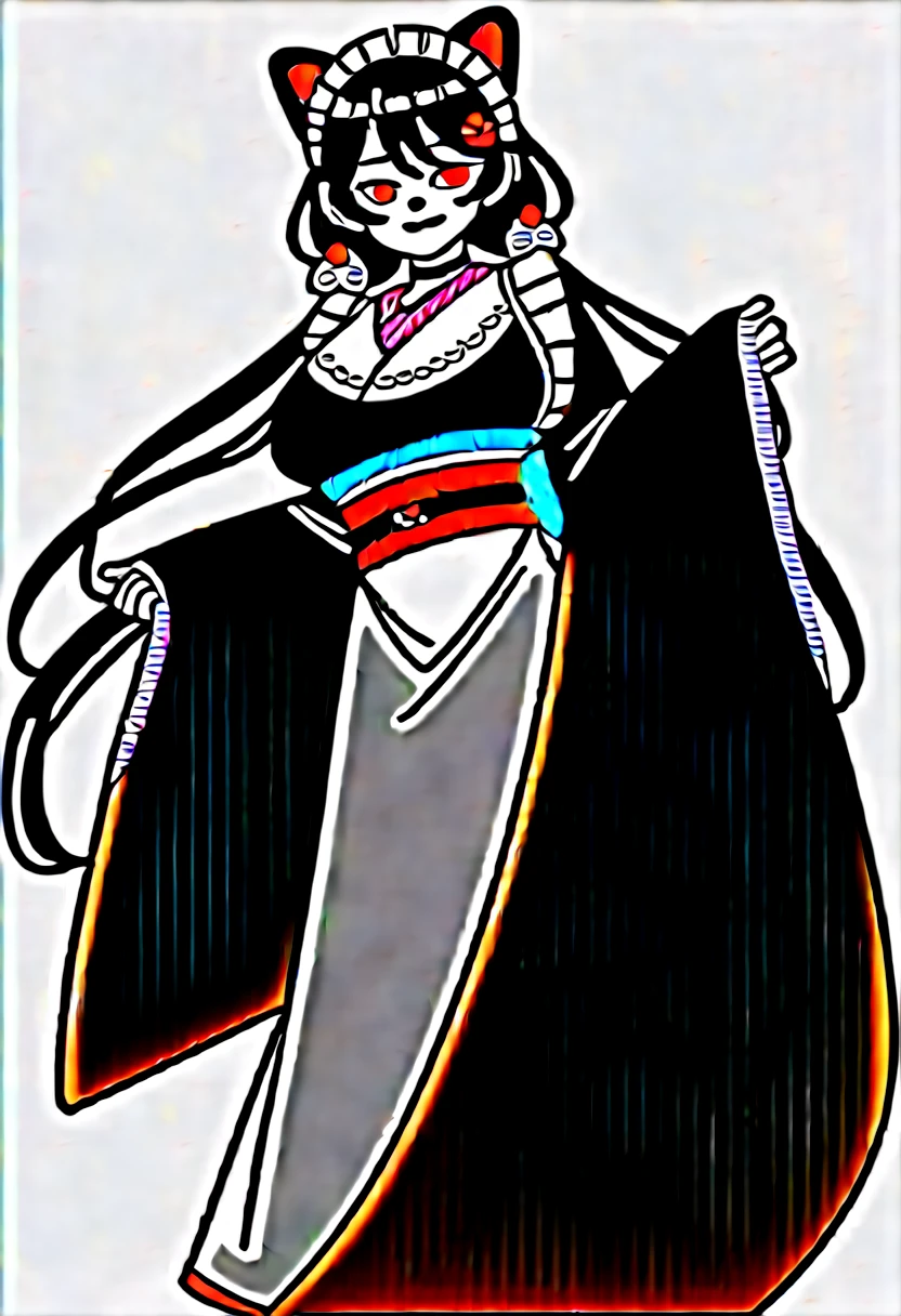 it1, flower, twintails, low twintails, very long hair, dog girl、
choker, maid headdress, black kimono, wide sleeves, frills, obi, white apron, sleeves past wrists, skirt, red skirt, brown footwear, cross-laced footwear、Huge breasts、smirk
