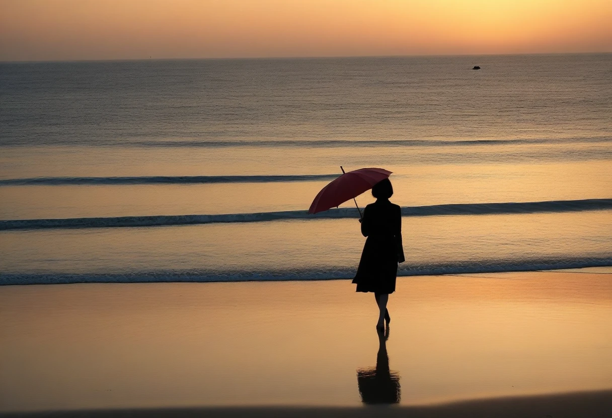 deserted long beach, A short-haired woman walking from afar, red light of sunset, alone, afternoon, depressed, tide가 밀려온다, ocean, tide, umbrella , wind, short korean woman, 잔잔한 tide
시작 대기 중