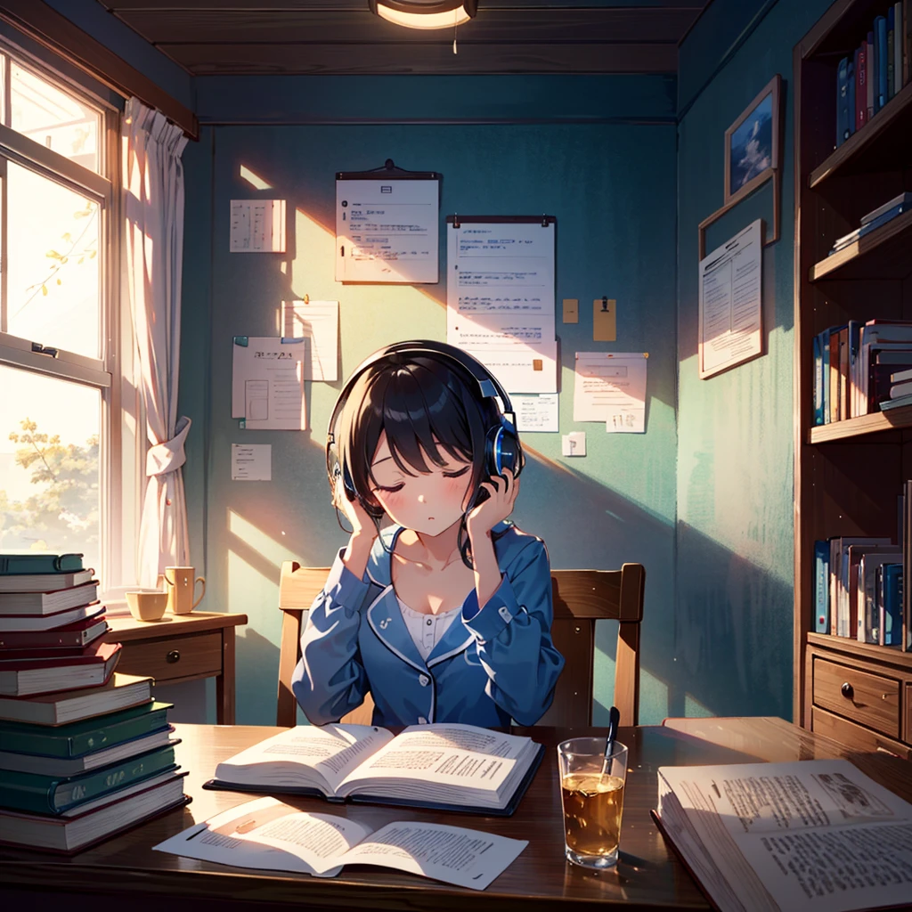 Masterpiece, highest quality, high resolution background, bright and beautiful atmosphere, 3 girls (2 , 1 short-tempered round face), 1  (hair, surface effects), small breasts, own room, study desk, A girl sleeping face down on her desk. Textbooks and notebooks she is studying are scattered on the desk. A girl sitting on a chair. She is wearing pajamas. She is wearing headphones. "deltamon_sdXL :0.73) >Deltamon"